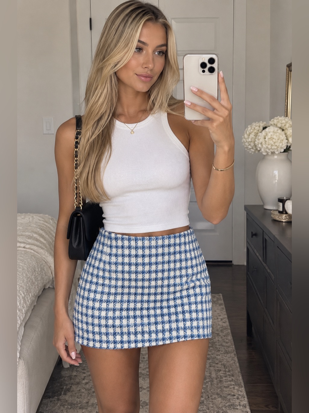 Blue And White Houndstooth Mini Skirt - Women's